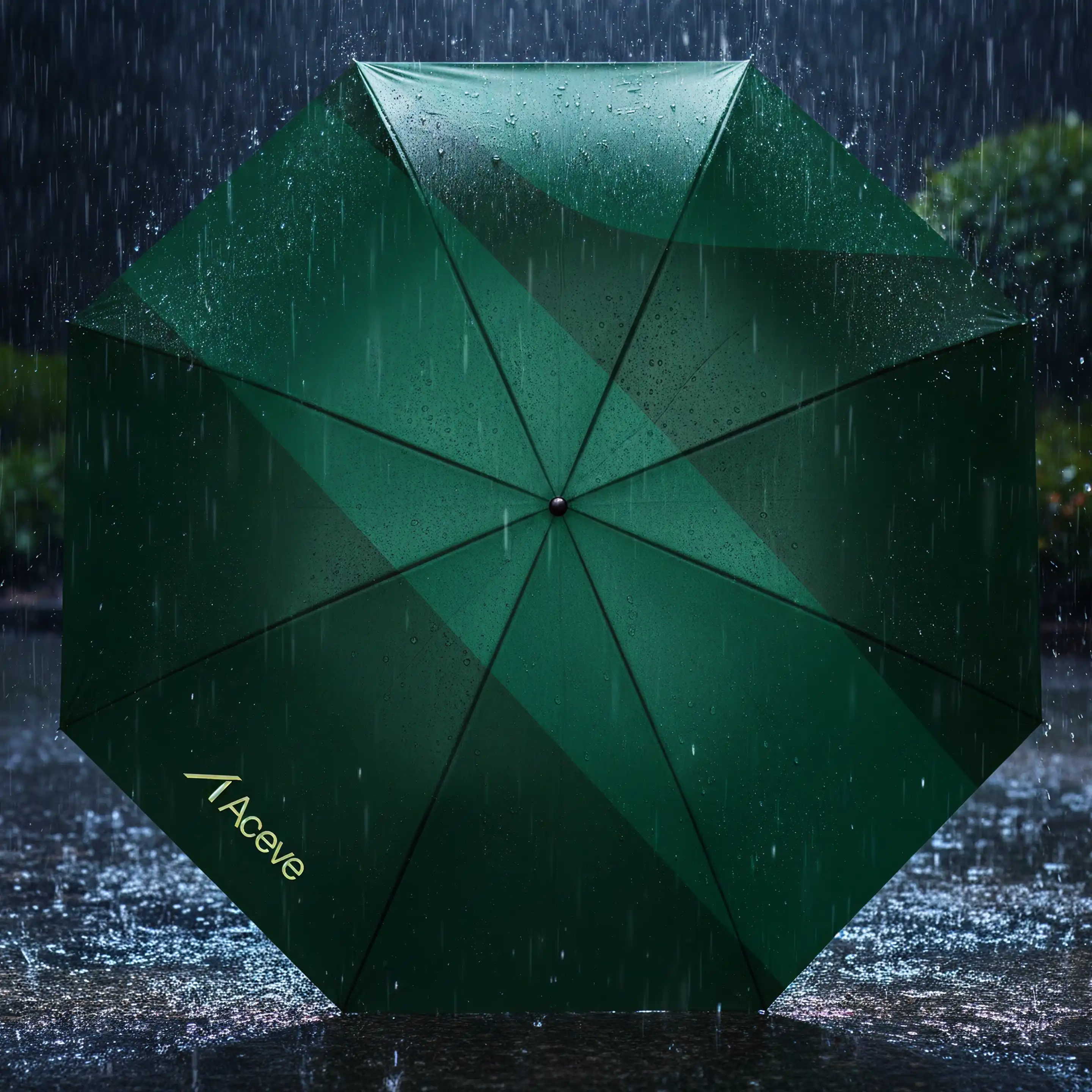 M&ouml;rkgr&ouml;n Aceve-m&auml;rkt paraply &ouml;ppet i kraftigt regn.