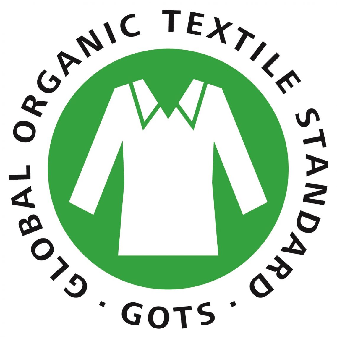 Global Organic Textile Standard-logotyp med en l&aring;ng&auml;rmad skjorta i mitten.